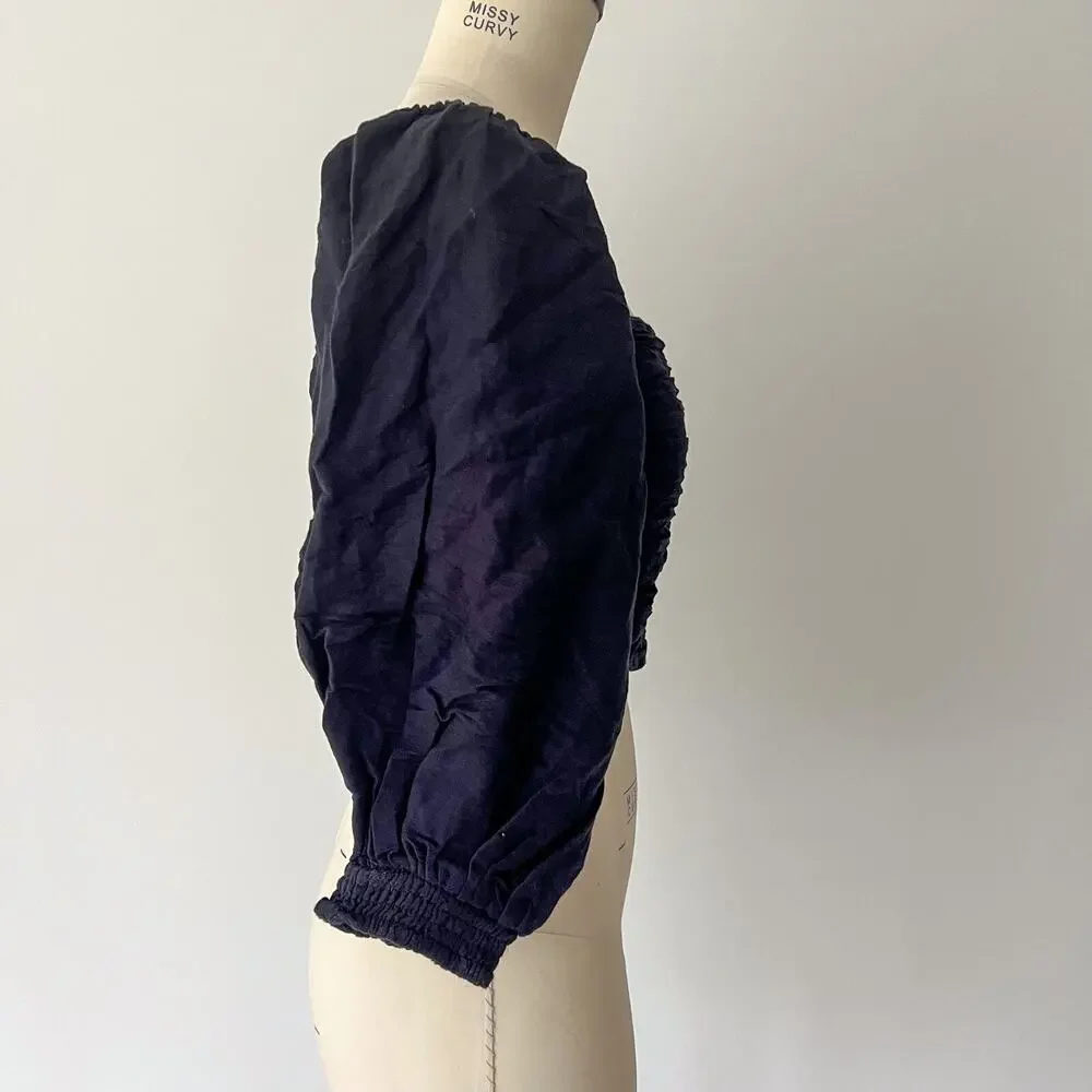 Posse Womens SMALL Black Linen Ivy Blouse Smocked Ruched Cropped Puff Sleeve - Picture 7 of 10